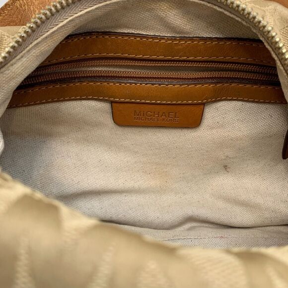 Michael Kors Canvas Hobo Shoulder Bag Tan MK Logo Gold Hardware Leather Trim - Picture 11 of 12